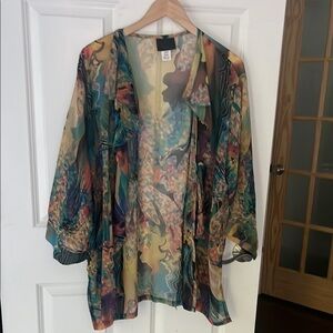 Open front ruffle sheer chiffon top 2X/3X 3/4 length sleeves ATOC brand